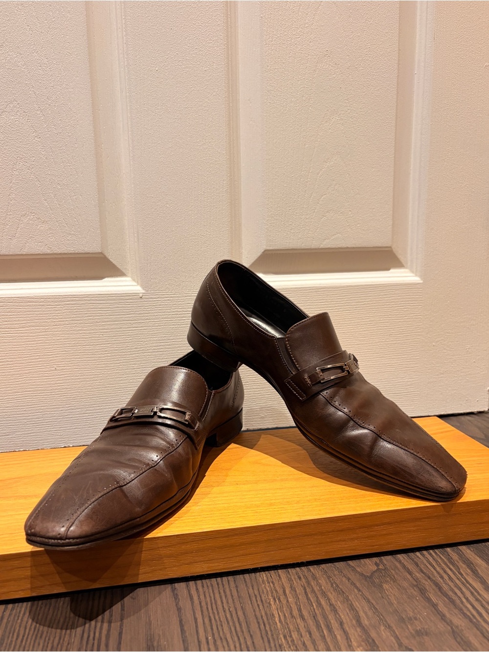 Hugo Boss Men's Brown Leather Slip-On Loafers with Metal Bit